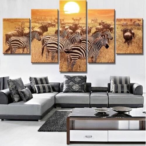 Wallpaper Canvas Painting 5 Panel HD Print Large Cow Zebras Sunset Poster Pictures Landscape Home Modern Decor For Living Room