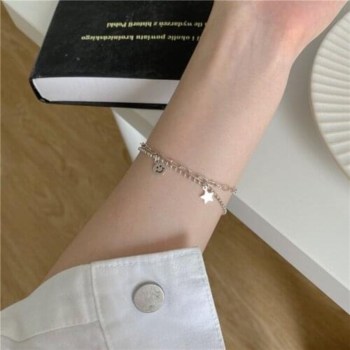 Korean Smiley Star Pentagram Vintage Handmade Chain Thai Silver Color Bracelet For Women Girls Double-Layed Jewelry