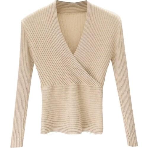 Hot Selling Women Casual Solid Knit Tunic Tops Slim Long Sleeve V Neck Shirts Sweater Club