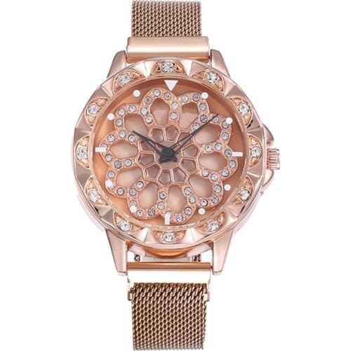 Hot Sale Lucky Women Wrist Watches 2021 Rose Gold Rotating Flower Watches relogio feminino Fashion Diamond Magnetic Quartz Clock