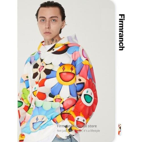 Firmranch Men/Women Couple Colorful Sunflower Print Hoodies Japanese Street Wear Hooded Sweatshirt Loose Heronsbill Sweater