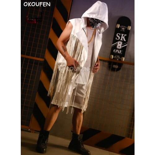 Novelty Mens Stage show costumes vest Nightclub singer DJ stage wear Dance costume Man White long tassel hip hop coat