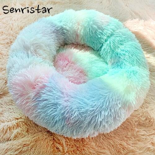 Winter New Rainbow Dog Bed For Small Medium Large Dog Cat Soft Plush Lounger Round Kitten Puppy Dog Bed Mat Pet Dog Kennel