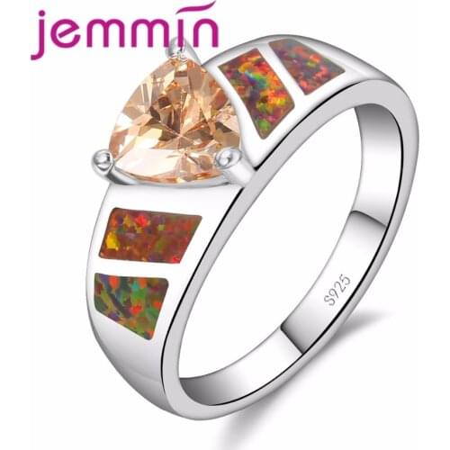 New Popular Rainbow Opal Ring for Women with Champagne Trangle Crystal Hot 925 Sterling Silver Jewelry Women Ladies Gift