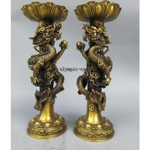 Pair 15'' Brass carved consecrate Dragon Pillar Lotus candle candlestick statue