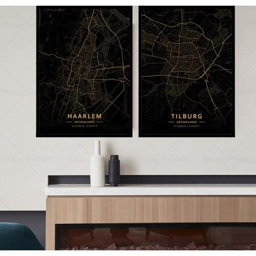 Golden Gloss Black Art Canvas Painting Haarlem city Maps The Tilburg city Map Print Decoration Poster