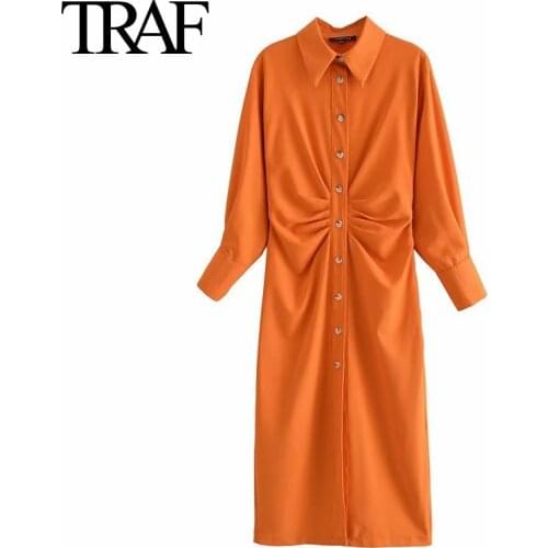 Traf Za Women Clothes 2021 Spring Autumn Robe Chic Office Long Sleeve Dress Red Midi Dress French Fashion Shirt Dresses