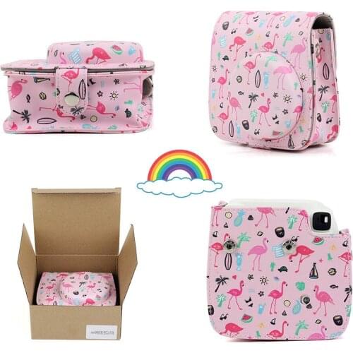 Flamingo Pink PU Leather Case Bag Protective Cover For Fujifilm Instax Mini 11/9/8 Camera with Shoulder Strap