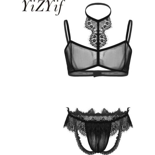 Sexy Men Lingerie Lace Trim See Through Sheer Mesh Lingerie Set Halter Neck Bra Top With Open Butt Jockstrap Briefs Underwear