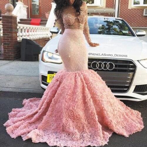SuperKimJo Vestidos Elegantes Floral Pink Evening Dresses Long Sleeve Beaded Mermaid Modest Luxury Elegant Evening Gown 2021