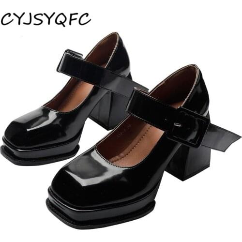 CYJSYQFC Brand Design Black Chunky Heel Platform Mary Janes Shoes Punk Gothic Patent Leather Square Toe Belt Buckle Women Pumps