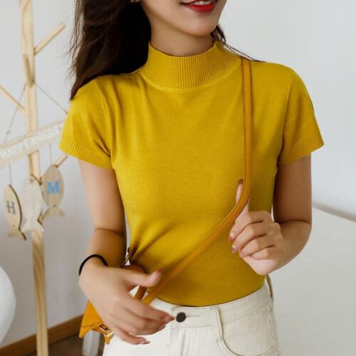 Turtleneck Knitting T-shirt Womens Short-Sleeved Shirt Spring and Summer T-shirt Women Woman Tshirts Tops Mujer Camisetas