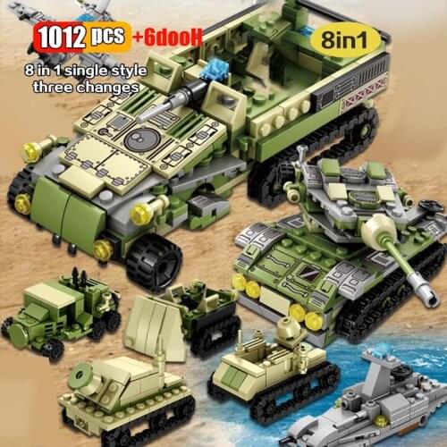 1012Pcs WW2 Army Military Vehicle Building Block Action Figures Weapon Tank Vehicle Model set Educational Toys for Children Gift