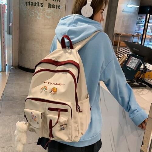Japanese Fashion Womens Backpack Cute Badge Pin Student School Bag For Girls Nylon Waterproof Anti-theft Travel Backpacks 2021