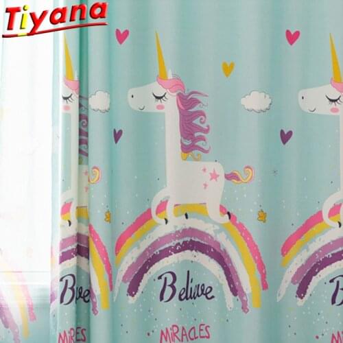Pink Horse Curtain for Kids Room Cartoon Pony Print Tulle for Girls Room Rainbow Printed Curtains Tulle for Child M173#NT