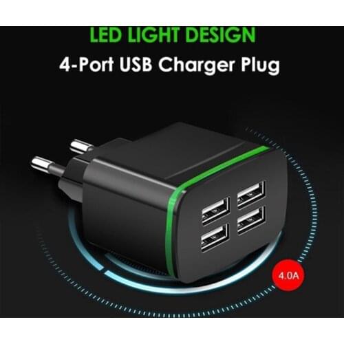 5V 4A Quick Charger EU Plug 4-Port USB Charge Adapter Travel Wall Chargers With LED Light For IPhone Tablet Smartphones