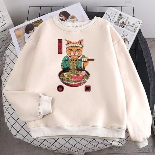 Ukiyo E Style Eat Noodle Cat Printed Women Hooded Autumn Oversized Hoodie Fashion Casual Clothes Vintage Soft Sweatshirts Female