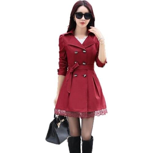 Woman Fashion Windbreaker Lace Patchwork Solid Double Breasted Slim Oversize Trench Coat 2019 New Autumn Female Casual Coats