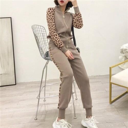 Amolapha Women Leopard Print Knitting Cardigans + Pencil Pants 2PCS Casual Tracksuits Knit Jacket Trousers Sets