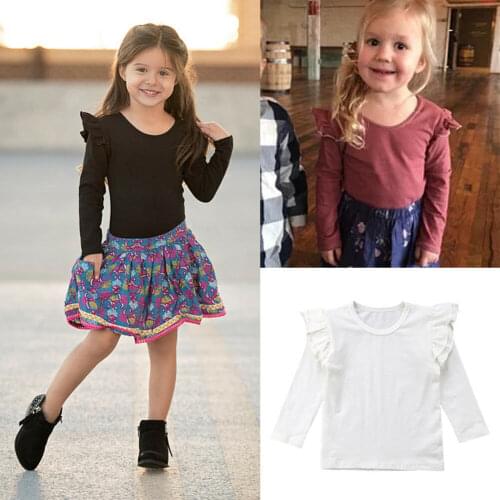 2020 New Fashion Toddler Baby Girls Autumn Clothes Tops Long Sleeve Pullover Ruffles Solid Cotton T-Shirts Tops Outfit 6M-5Y