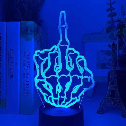 3D Acrylic Lamp Middle Finger Skull Nightlight for Adult Boys Office ROOM Decoration Atmosphere Color Changing LED Night Light