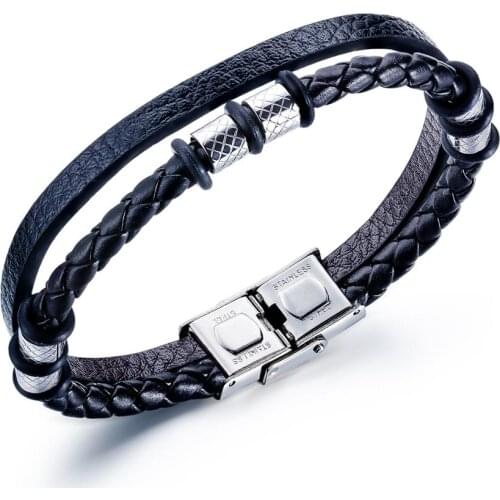 Double-deck Black Braided Leather Bracelet Bangle For Men Classic Wristband Cuff Hand Jewelry Gift Dropshipping