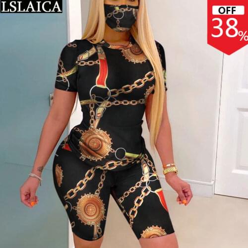 Hot Tracksuit Women Summer Fashion Short Sleeve T-shirt Short Pants Tracksuits for Women Chain Print Casual Women Sets With Mask