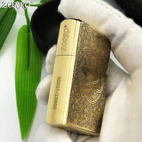 Zorro Kerosene Lighter Pure Copper Brass Carving Classic Lucky Dragon Pattern Gasoline Lighter Men Business Gift Outside Tool