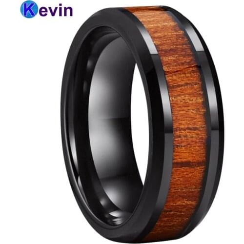 Men Women Black Wedding Band Tungsten Ring With Koa Wood Inlay Beveled Polished Finish 8MM Comfort Fit
