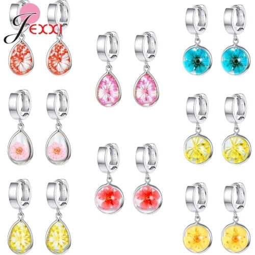 Fashion Design Creative Plant Dry Flower Earring Woman 925 Sterling Silver Jewelry Dangle Earring Glass Ball Pressed Flower Gift