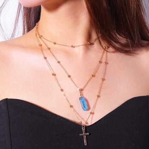 Crystal Cross Pendant Clavicle Chain Bohemian Multilayer Necklace Fashion
