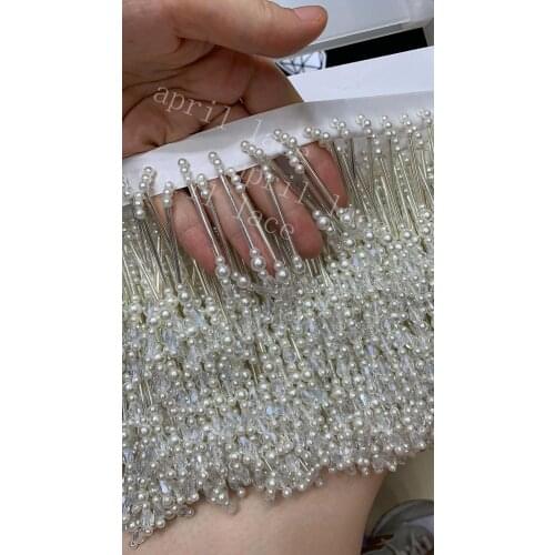 Cou005# 10 yards/bag 5cm width white pearl pendents beads ribbon fringe tassel for garment/decorative/wedding bridal gown dress
