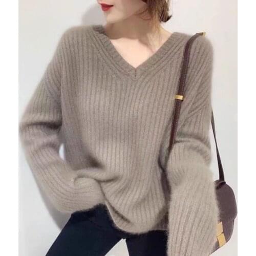 Mohair V-neck Sweater Womens Knitting Pullover Simple Lazy Style, Wear Versatile Long Sleeve Korean Jacket in Spring and Autumn