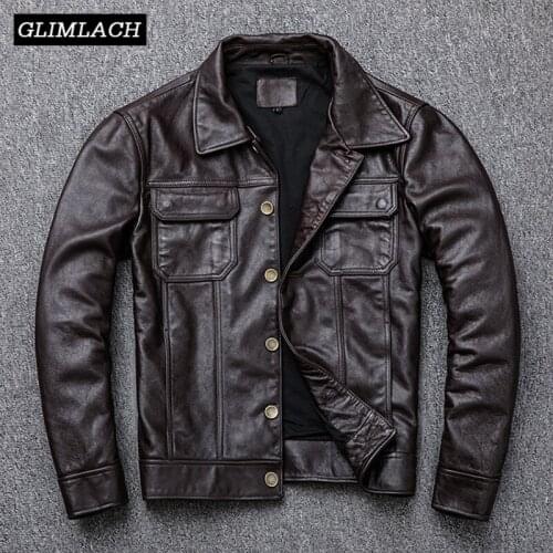 American Cowboy Vintage Genuine Cow Leather Jackets Men Brown Single Breasted Slim Cowskin Real Leather Coats Motorcycle Biker