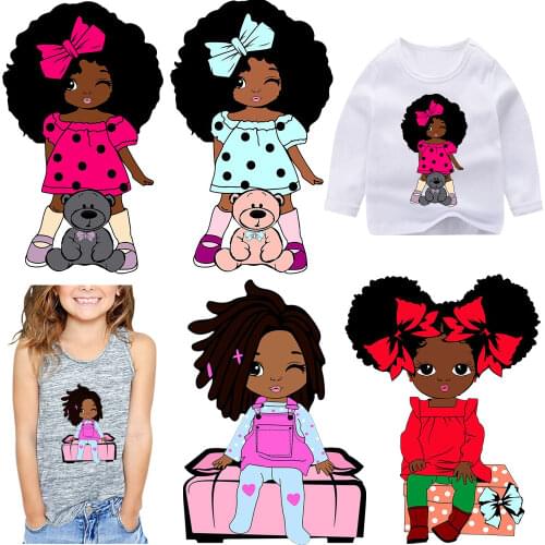 Beaty Little African Girls Iron On Patches For Clothing Kids T-Shirt Hoodies Decal Patches DIY Heat Transfer Vinly Glitter Decro