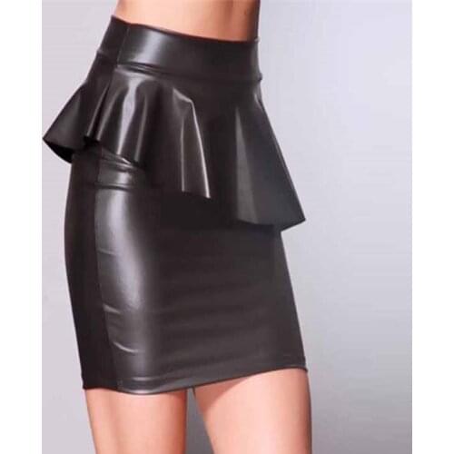 New Fashion Skirts Womens Ruffles Vinyl Leather Pencil High Waist Mini Skirt Sexy Bodycon Office Lady Skirt Black jupe femme