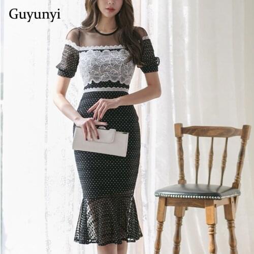 Small Sexy Black White Lace Dress Summer Mermaid Hem Temperament Office Dress Slim Fit High Waist Elegant Party Dress Women