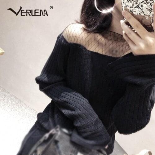 Transparent Mesh Patchwork Shoulder Slash Sexy Black Jumper Sweater Women Long Sleeve Streetwear Novelty Pullover VERLENA 2019