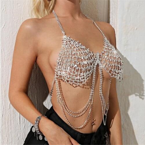 Sexy Hollow Full Rhinestone Tassel Sternal Chain Bras body Jewellery Crystal Fashion Charm Nightclub Sandy Beach Holiday Gift