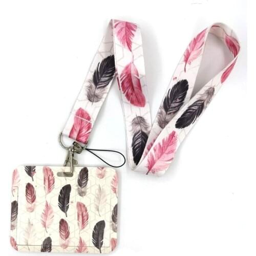 Black Pink Leaves Feathers Anime Lanyard Badge Holder ID Card Lanyards Mobile Phone Rope Key Lanyard Neck Straps Keychain Ring