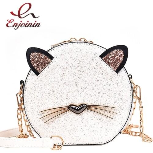 Cute Fashion Round Cat Design Leopard Pu Leather Women Shoulder Bag Handbag Crossbody Bag Girls Purse Totes Bolsa Clutch Bag