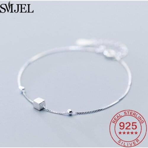SMJEL 100% 925 Sterling Silver Jewelry Tiny Cubic Square Bangles Women Bracelets Fashion Simple Geometric Cuff Bracelets
