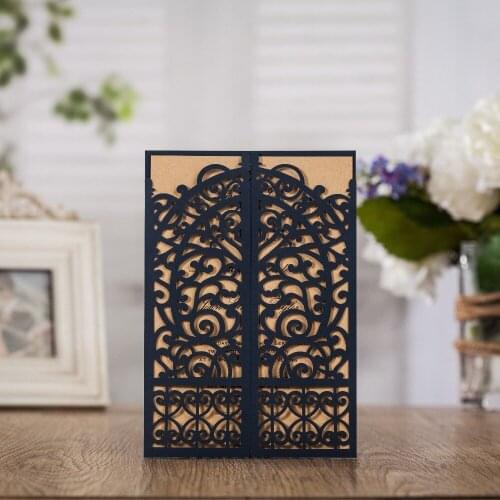 100pcs WISHMADE Laser Cut Navy Blue Wedding Invitations Cards with Kraft Insert for Wedding Birthday, Customized AW7075