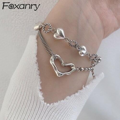 FOXANRY 925 Sterling Silver Bracelets for Women Trendy Elegant Charm Vintage Hollow LOVE Heart Punk Party Jewelry Birthday Gifts
