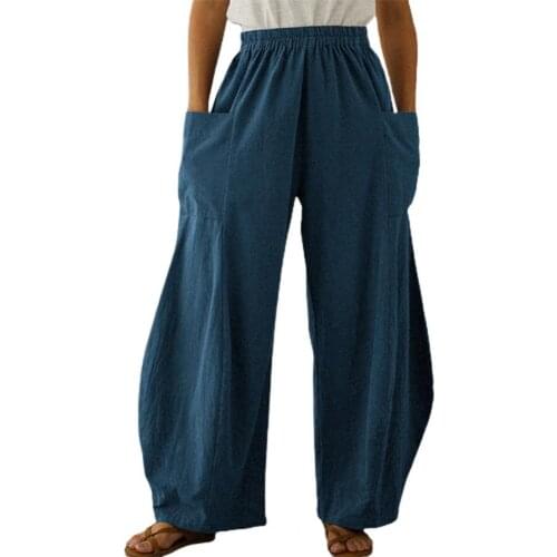 Women Pants Wide Leg Large Pockets Elastic Waistband Solid Color Loose Slacks Trousers Sports Pants pantalon femme брюки женские