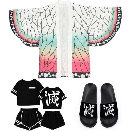 Demon Slayer 3 Piece Women Short Suit Flip Flop Slipper Crewneck Crop Sandal Kamado Tanjirou Merch Anime Summer Casual Outfits