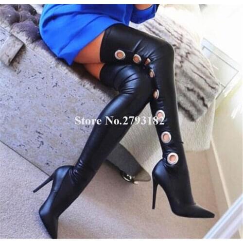 Women Sexy Fashion Pointed Toe Black Leather Over Knee Slim Boots Metal Hollow Out Bandage Long High Heel Boots Dress Shoes
