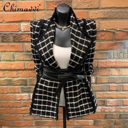 2021 Spring New Fashion Ladies Lapel Long-sleeved Tweed Plaid Ladies Suit Jacket Lace-up Waist Woolen Blazers
