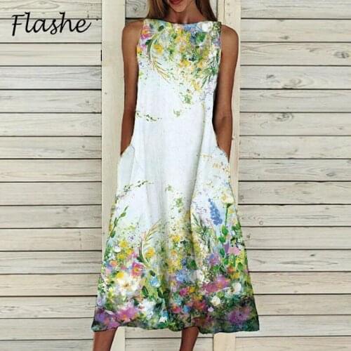 Spring Summer Dress Women Elegant Sleeveless Lady Party Dress O-Neck Long Dress 2021 Vintage Floral Print Loose A-Line Dresses