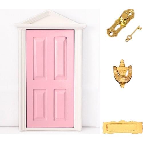 1 Set 1/12 Scale Dollhouse Miniature Home Garden Decor External Open 4-Panel Wooden Fairy Door with Hardware - Pink